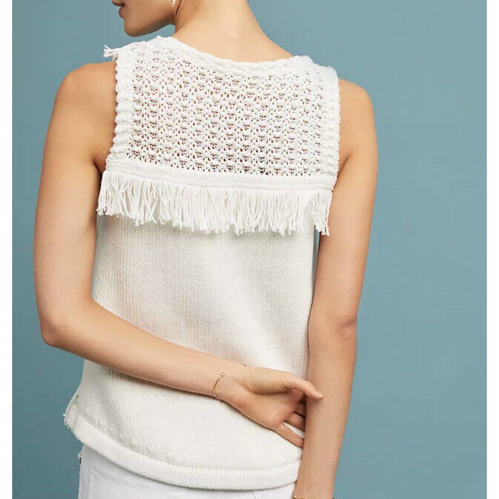 Anthropologie Pacific Fringe Tank Sweater Women's Size XS White Cotton Silk - Picture 2 of 10